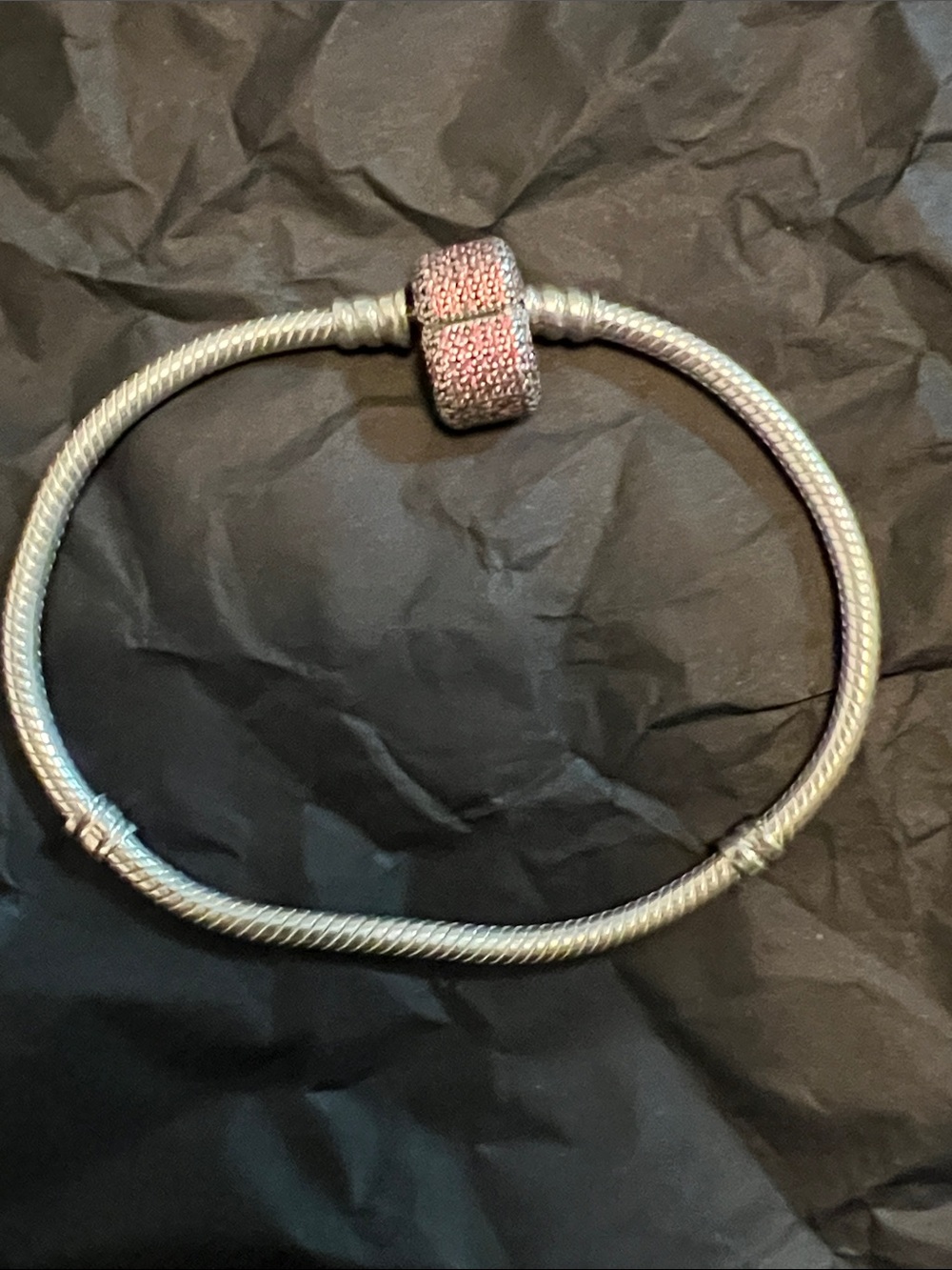 Sterling Silver Pandora Bracelet w Pink Pave Clasp 7.5”